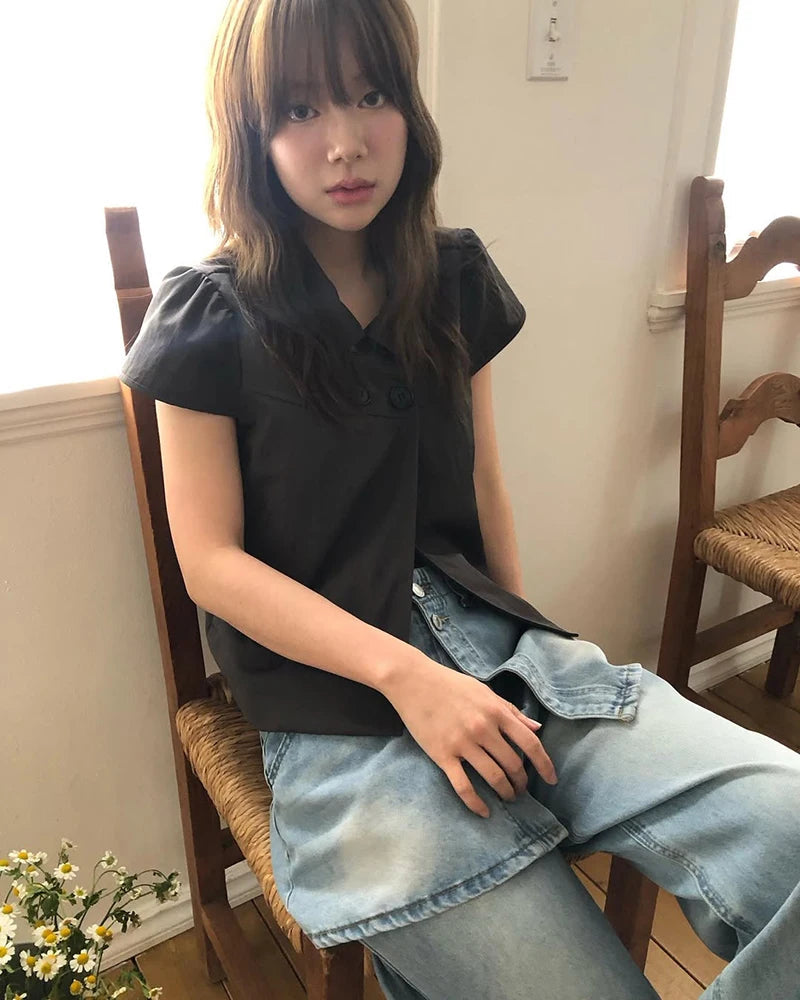 MEXZT Vintage Black Shirts Women Japanese Harajuku White Cropped Puff Short Sleeve Blouses Summer Korean Casual Design Tops New Aviola