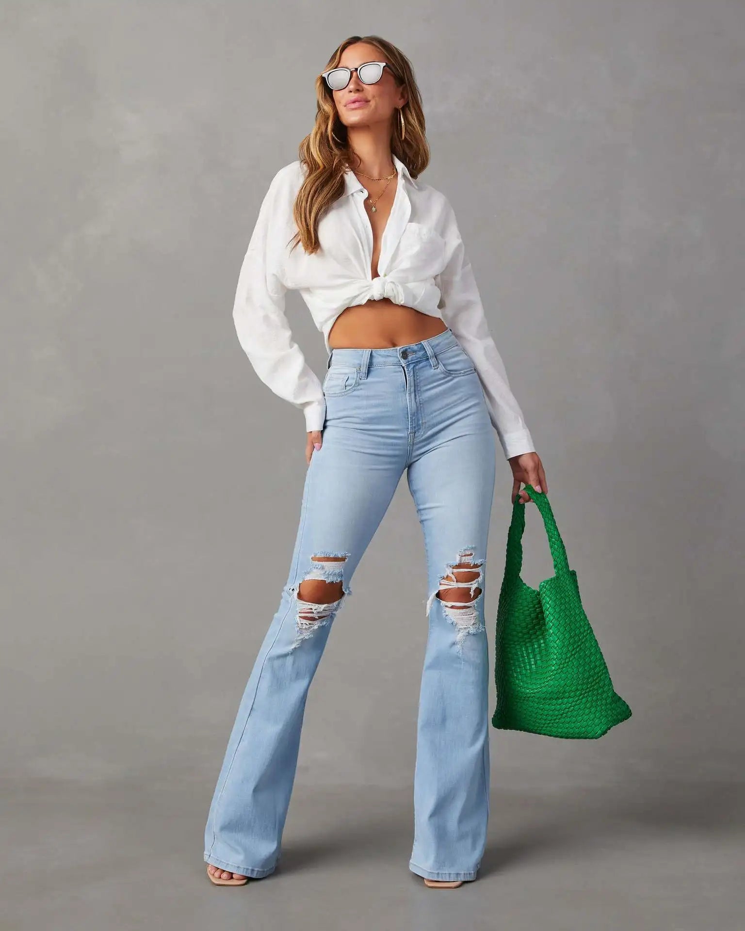 Women Denim Flare Pants Streetwear Jeans Loose Fit High Waist Pockets Holes Ankle Length Solid Color Spring 2024 Zipper Fly Aviola