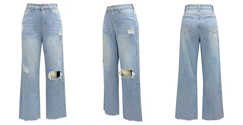Women Jeans Ankle Length Holes Loose Flat Straight Mom Pants Zipper Fly Pockets Solid Color High Street Slight Strech Denim Aviola