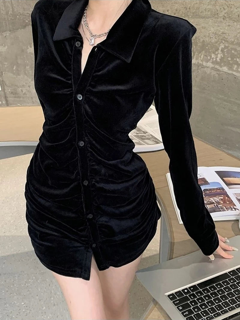 MEXZT Vintage Shirts Women Black Velvet Pleated Blouses Korean Elegant Folds Turn Down Collar Long Sleeve Slim Chic Casual Tops Aviola