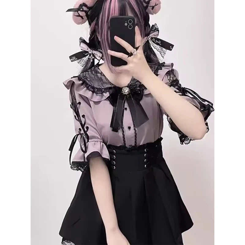 MEXZT Kawaii Bow Pink Shirts Women Japanese Jk Lolita Lace Patchwork White Blouses Summer Y2K Aesthetic Flare Short Sleeve Tops Aviola