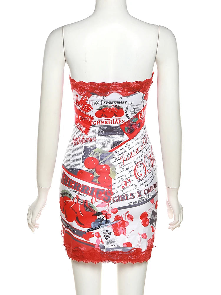 Nibber Lace Cherry Print Women Dress Birthday Party Y2K Sexy Sleeveless Summer  Split Tight Stretch Midnight Clubwear Bodycon Aviola