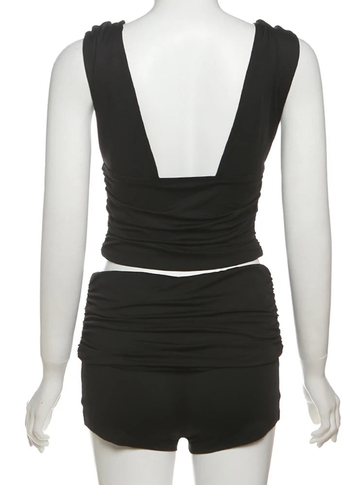 Nibber Folds Sexy 2-Piece Set Women Deep v-Neck Backless Sleeveless Vests+Mini Shorts High Elasticity Classic Matching Suits Aviola