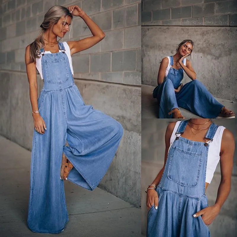 Pocket Design Wide Leg Suspender Denim Jumpsuit for Women Overall Cowboy BibSquare Neck Daily Regular Fit Sleeveless Summer Fall Aviola