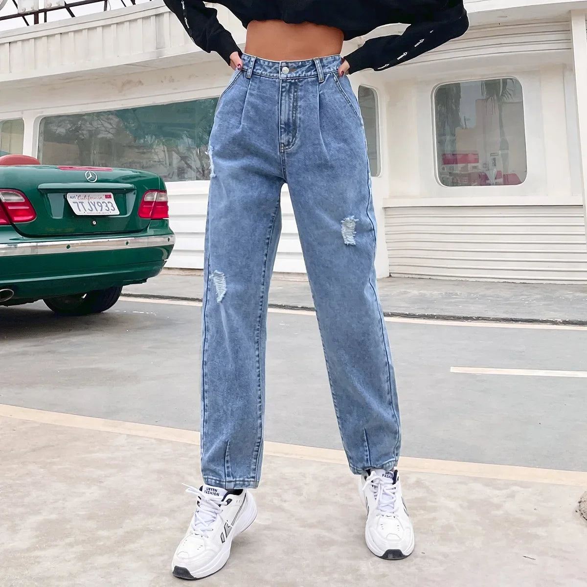 Distressed Women Jean Straight Pants High Waist Ankle Length Jeans Ripped Loose Fit Basics Washed Denim Pants Hole Autumn Aviola