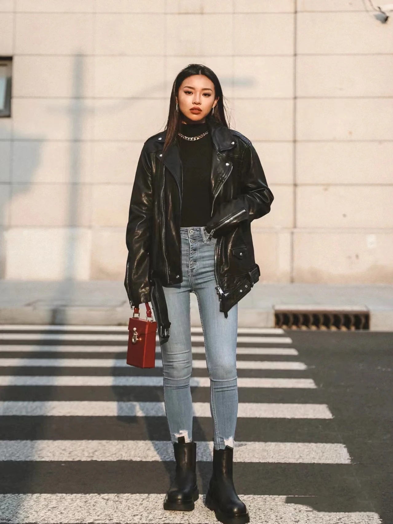 RARF  New 2024 Women's motorcycle leather PU imitation leather loose jacket black jacket Aviola