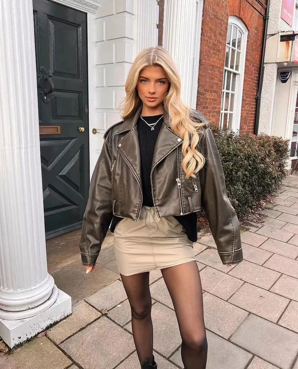 Chaqueta de cuero lavado con cinturón para mujer, abrigo corto con cremallera degradada y cuello vuelto Vintage, chaqueta elegan Aviola