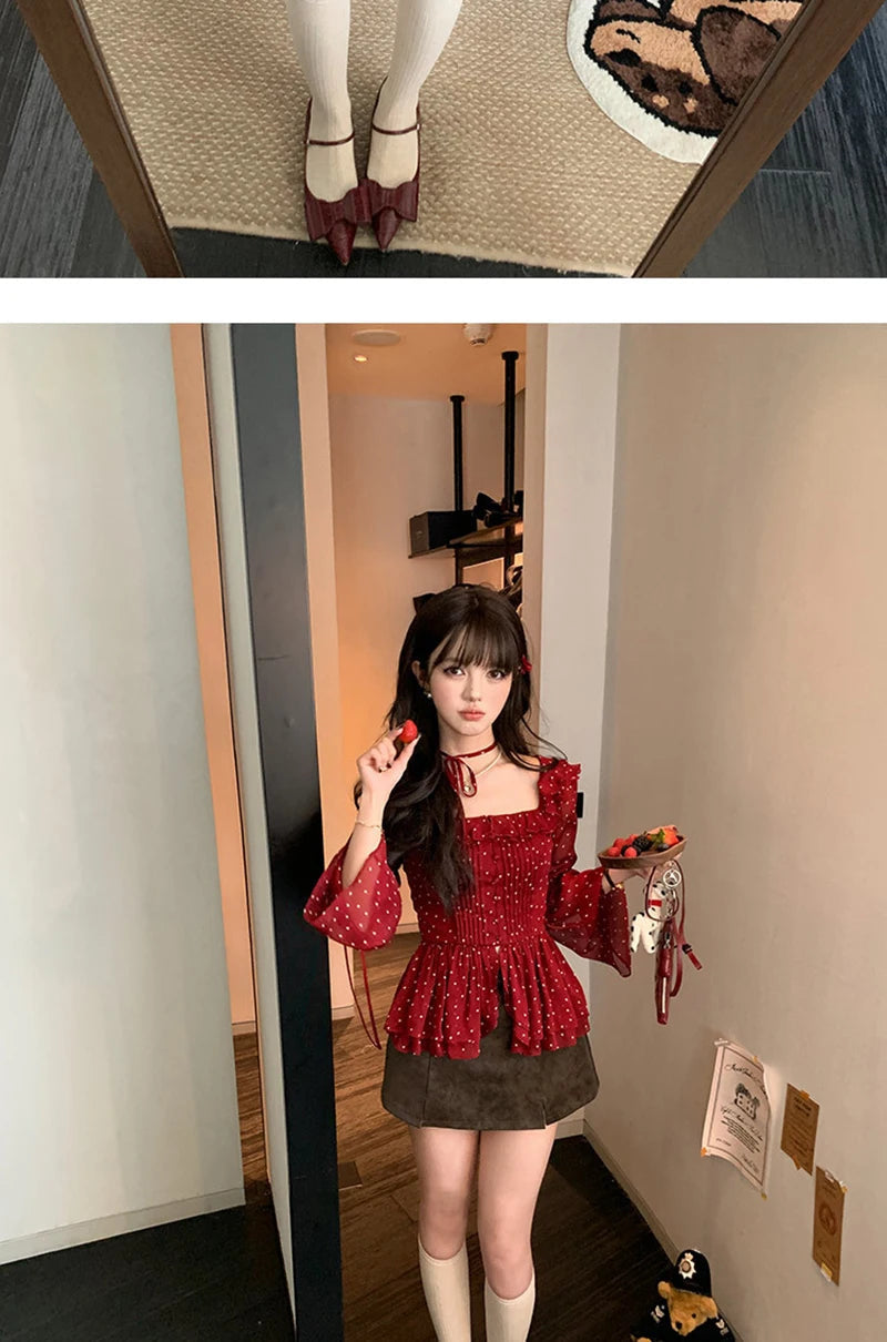 MEXZT Vintage Polka Dots Shirts Women Elegant Red Ruffles Lace Up Blouses Summer Korean Square Collar Long Sleeve Design Tops Aviola