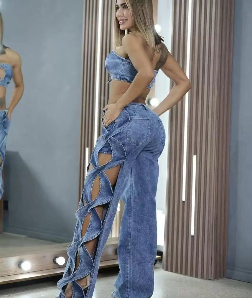 Denim Pant Women Jeans Long Pants Hollowed Out High Waist Straight Trousers Y2k Streetwear Casual Mom Jeans Night Club Summer Aviola