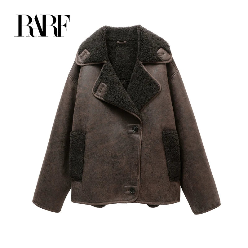 RARF 2025 Women's new thick jacket Vintage lapel leather jacket single breasted pocket street warm jacket Aviola