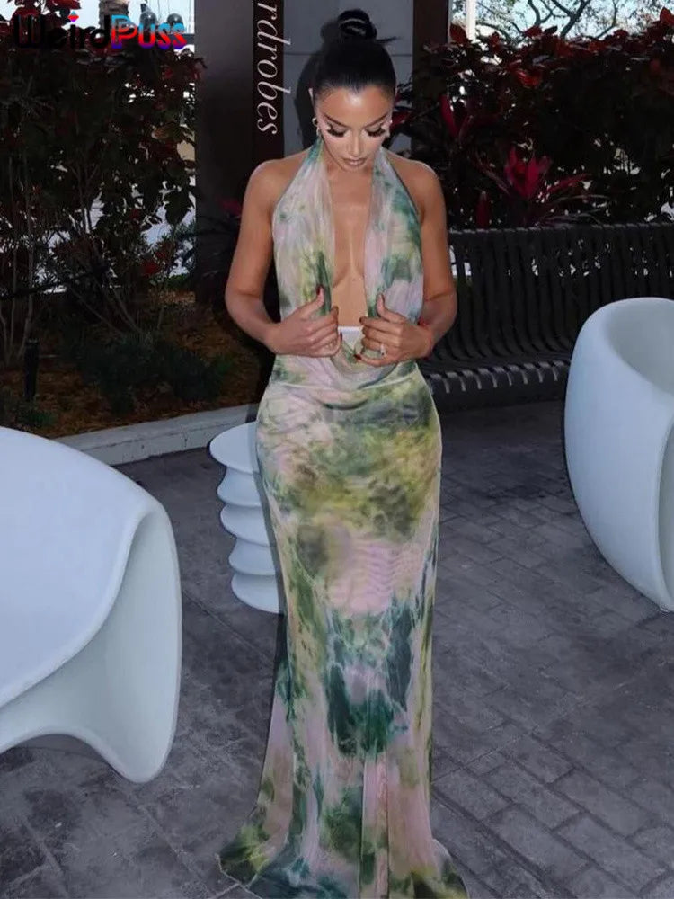 nibber Backless Halter 2Peice Set Woman Print Summer Swinging-Collar Bandage Tank Tops+Mesh Ruffles Tie-Dye Skirt Matching Suit Aviola