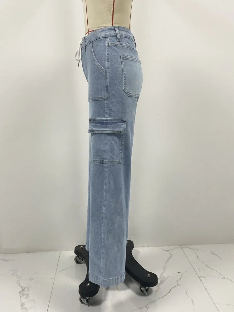 Denim Cargo Pant Women Jeans Long Pants Casual Loose High Waist Straight Trousers Y2k Streetwear Elegant Punk Mom Work 2025 Aviola
