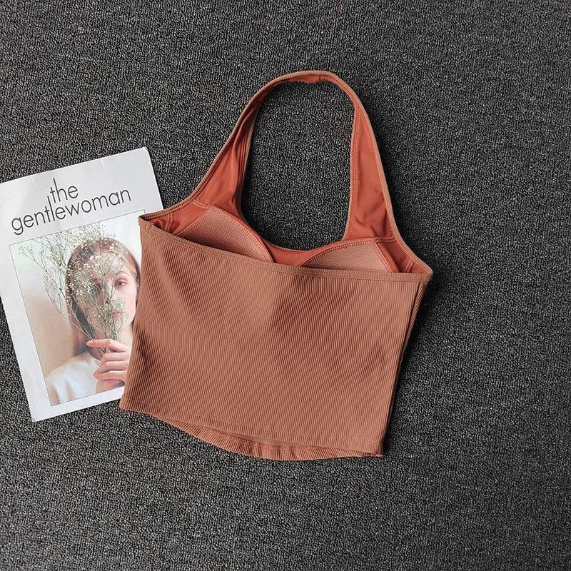 2023 Summer Sexy Sports Bra Rib Sport Top Underwear Women's Running Gathered Bra Hanging Neck Fitness Vest Fixed Padded Yoga Bra Aviola
