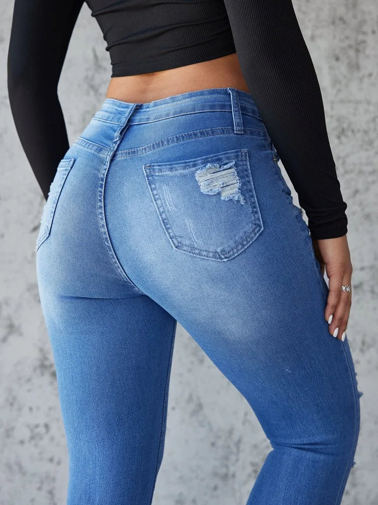 Ankle Length Ripped Hole High Waist Jean Sheath Pencil Denim Pants Skinny Solid Pockets Streetwear Distressed Vintage Slim Aviola