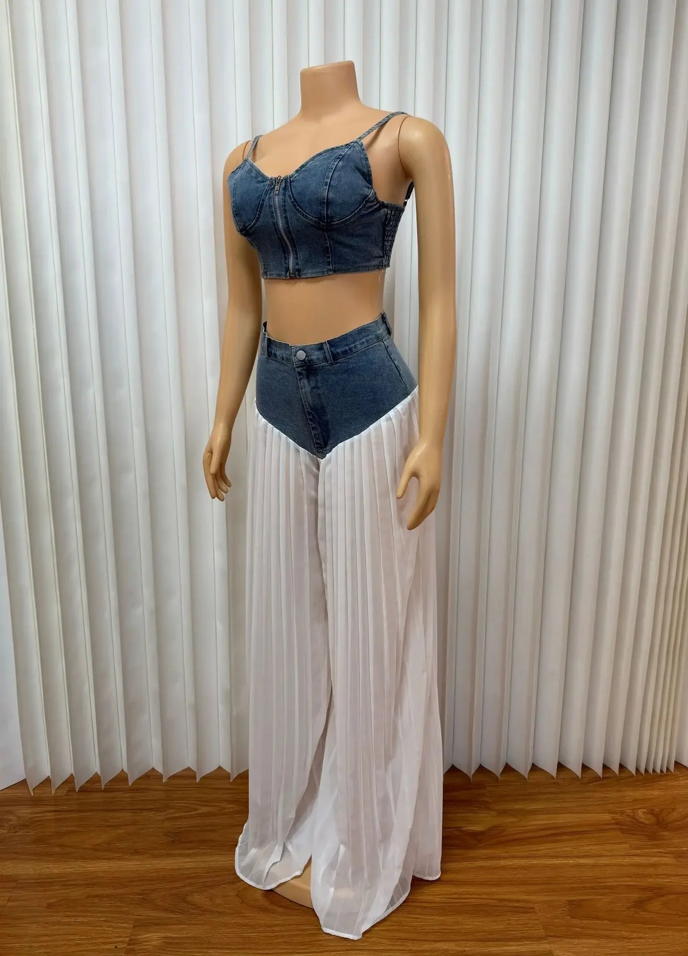 Two Piece Sets Women Sexy Denim Camisole Wide Leg Pants Patchwork Folds Slip Vest Matching Sets Suit 2025 Summer Casual Outfits Aviola