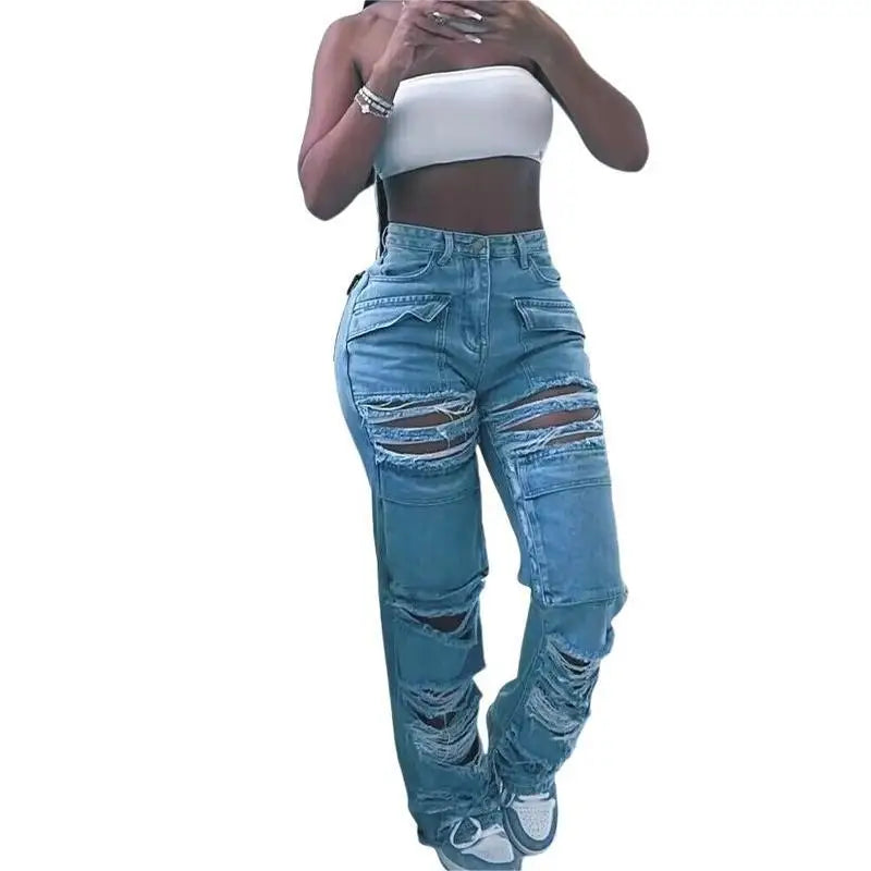 Women Jeans Denim Patchwork Straight Pants Holes Distressed Pockets Washing High Street Low Waist Zipper Fly Flat Winter Aviola