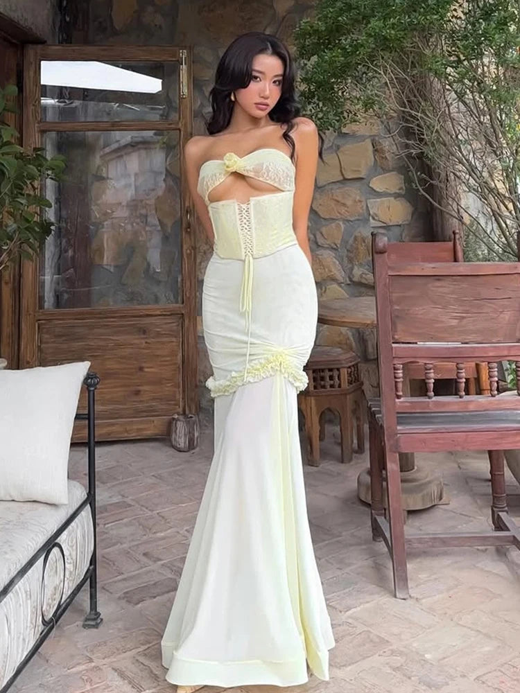 Nibber Sexy Patchwork Mesh Maxi Fishtail Dress Women Ruffles Hollow Bandage Elegant Temperament Vacation Birthday Party Vestidos Aviola