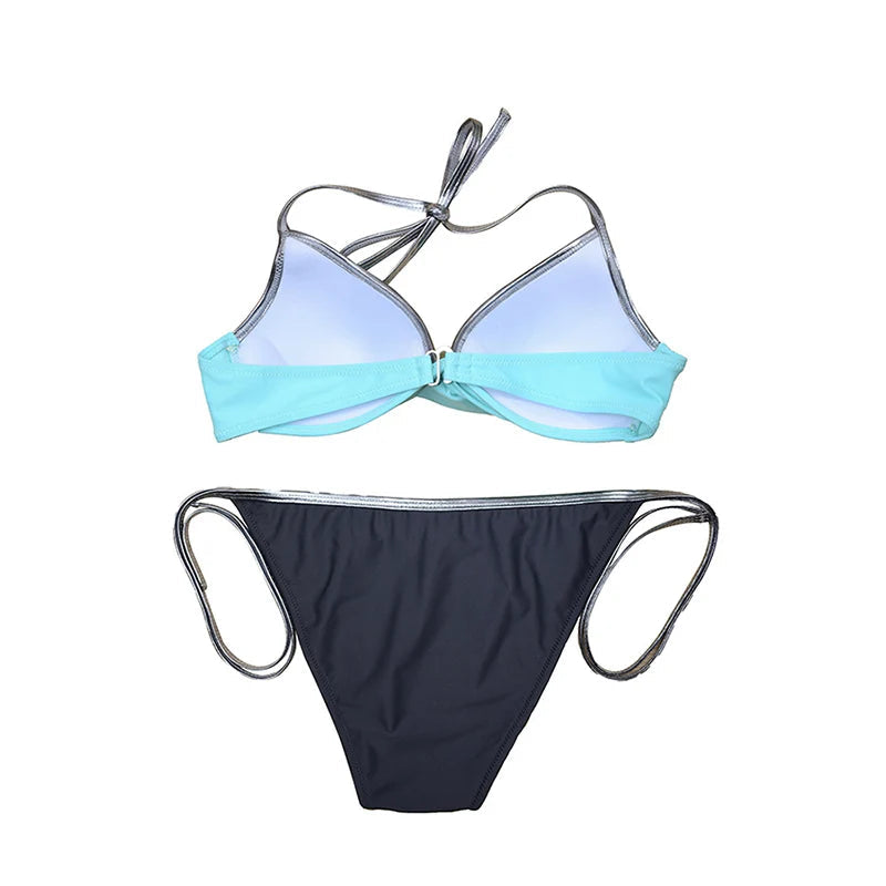2025 New Sexy Two-piece Bikini Women's Patchwork Halter Swimsuit Hollow Backless Swimwear Tight Cross Push Up Beach Bathing Suit Aviola