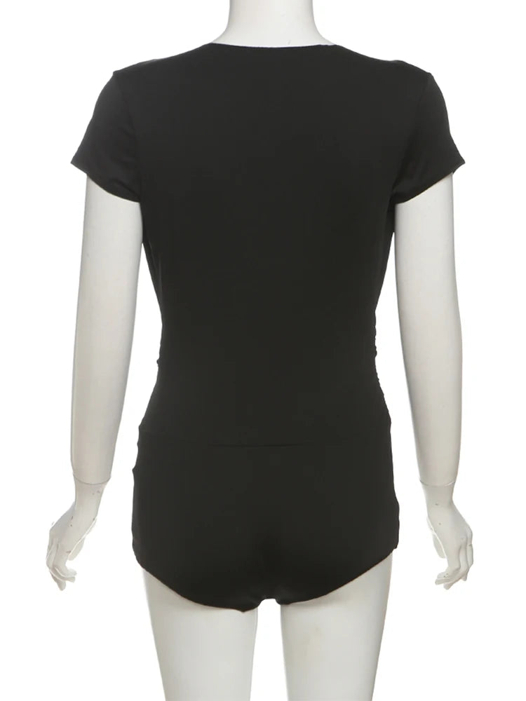 Nibber Deep v-Neck Bodysuits Women Folds Skinny High Elasticity Solid Simple Classic Sexy Midnight Summer Streetwear Outfits Aviola