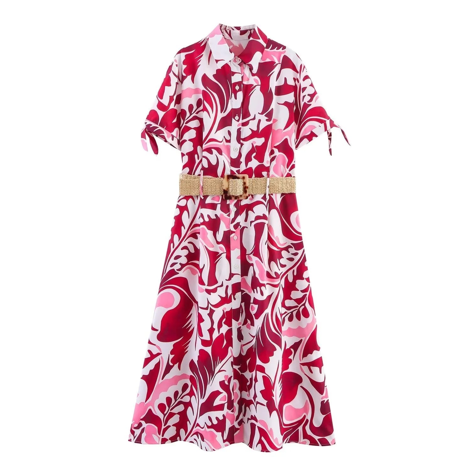 BM&MD&ZA2025 Women's Summer New Belt Decorated Casual Elegant Collared Short Sleeve Shirt Style Mid Length Printed Dress Aviola