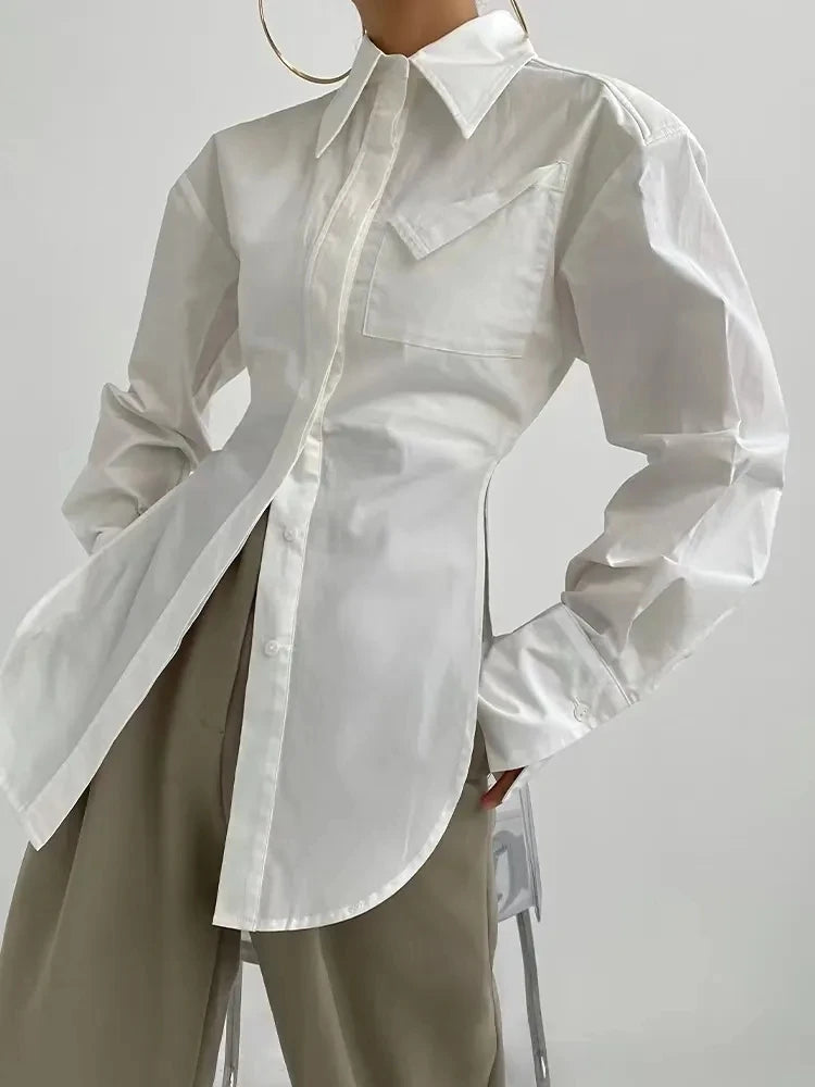MEXZT Elegant White Shirts Women Fashion Streetwear Long Sleeve Blouses Korean Simple Pocket Button Up Ladies Design Tunic Tops Aviola