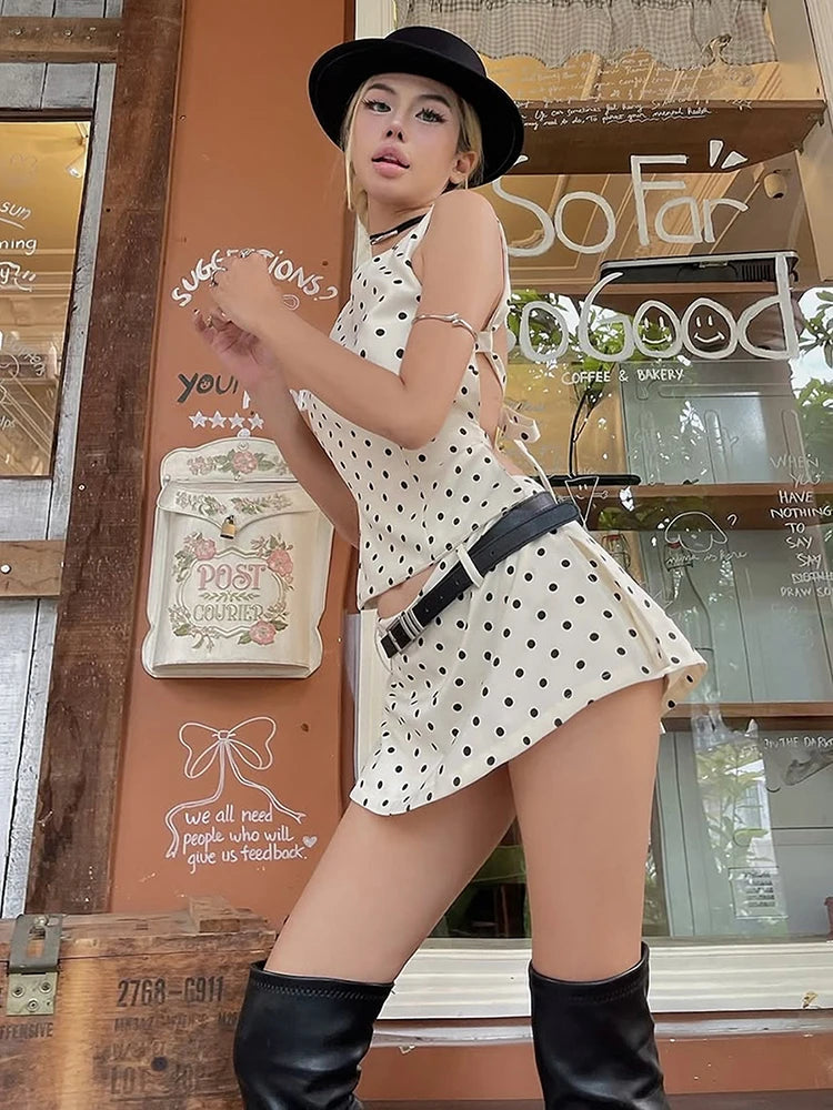 Nibber Polka Dot Print 2-Piece Set Women Backless Bandage Vest+Side Slit Mini Skirt skinny Sexy High Street Fashion Summer Suit Aviola