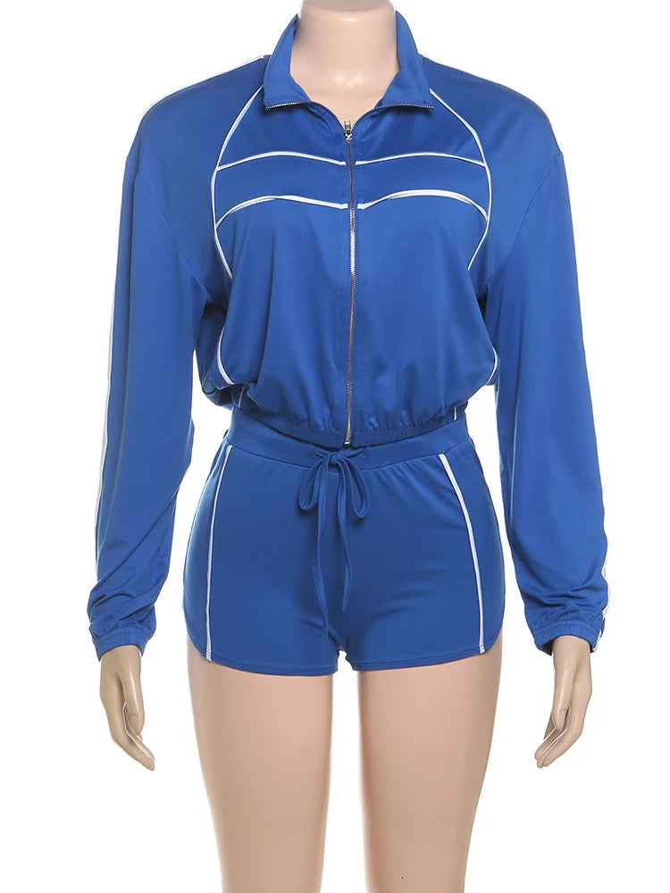 Nibber Fashion Casual Sporty 2 Piece Set Women Zipper Cardigan Polo-Neck Jacket+Drawstring Skinny Shorts Daily Slim Tracksuits Aviola