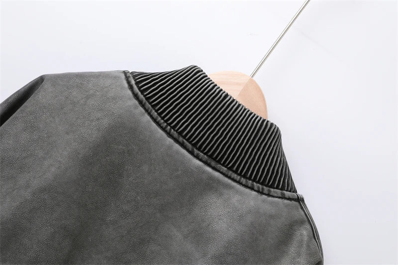 RARF 2024 Women's Wash gray new do old wash Effect Bomber Jacket Thread stand collar long sleeve PU women's coat top Aviola