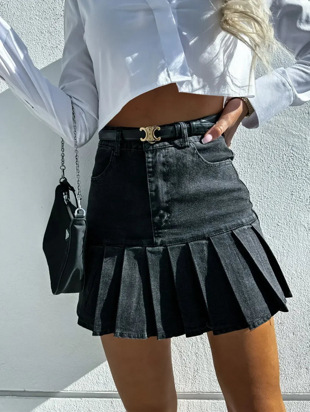 Pleated Skirt Women Vintage Denim Mini Skirts Washed Distressed Stretch High Waist Above Knee Spring Summer Y2k Jeans Streetwear Aviola