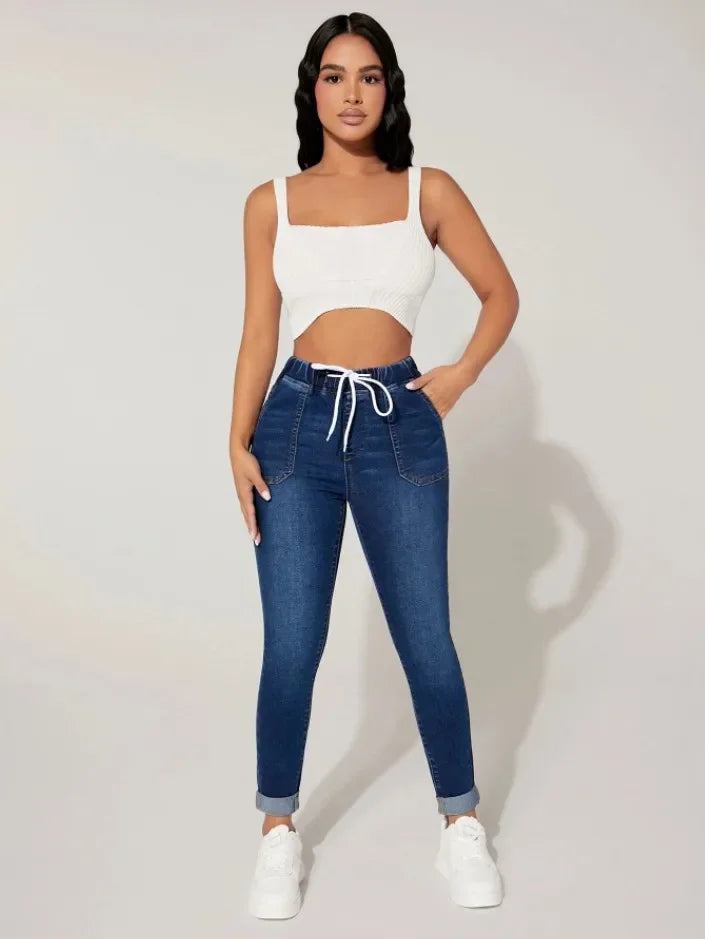 Stretch Pencil Pants Women High Waist Lace Up Distressed Denim Ankle Length Trousers Slim Denims 2025 Streetwear Vintage Jeans Aviola