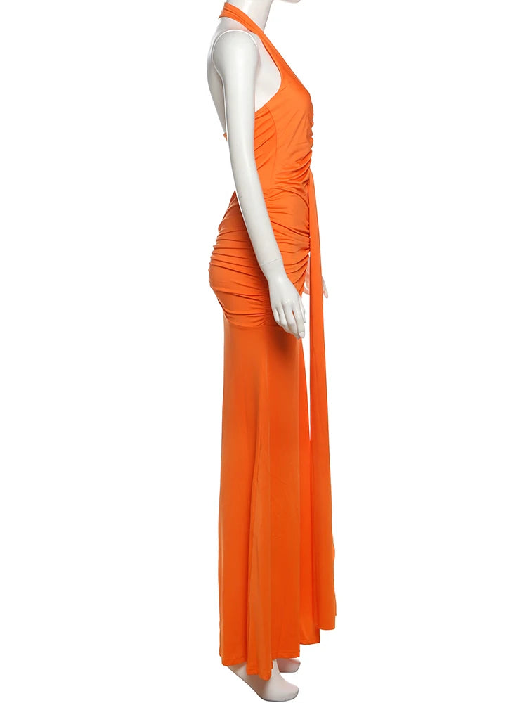 Nibber Sexy Backless Tassel Dress Women Peach Buttock Pleated Patchwork Solid Halter Sleeveless Midnight Clubwear Party Vestidos Aviola