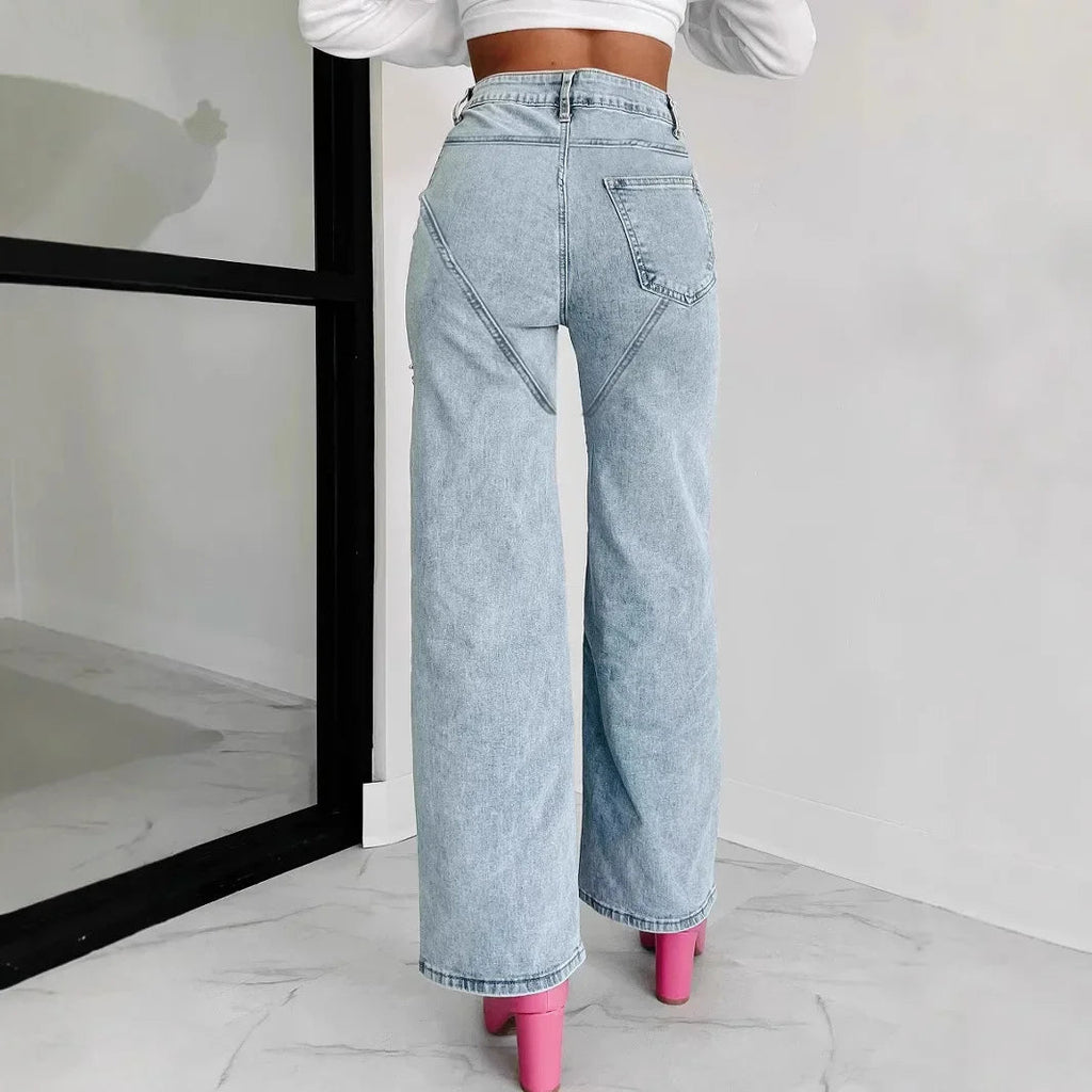 Denim Jeans for Women Streetwear Straight Pants Hole Diamonds Mid Waist Washed Distressed 2025 Casual Mom Ankle Length Trousers Aviola