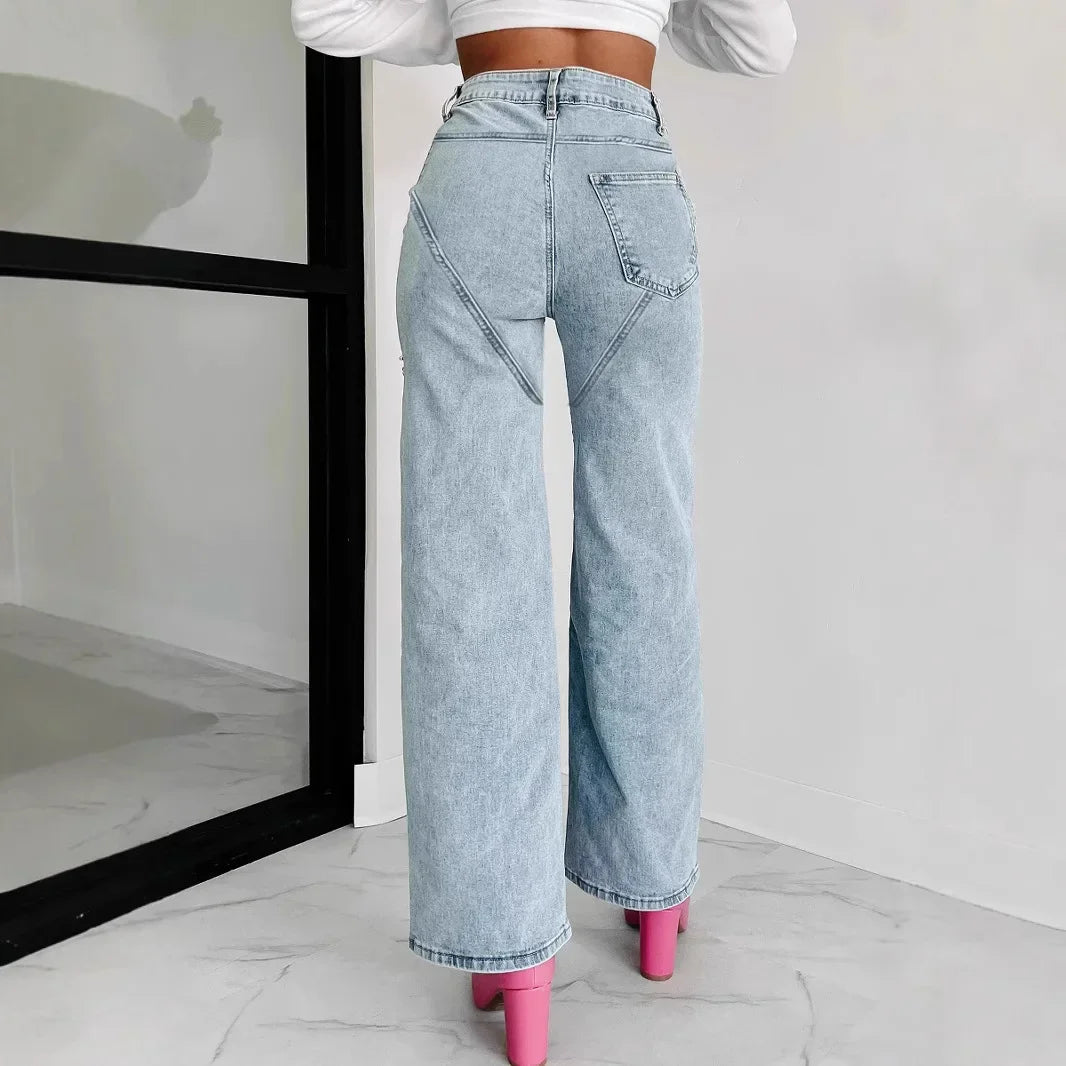 Denim Jeans for Women Streetwear Straight Pants Hole Diamonds Mid Waist Washed Distressed 2025 Casual Mom Ankle Length Trousers Aviola