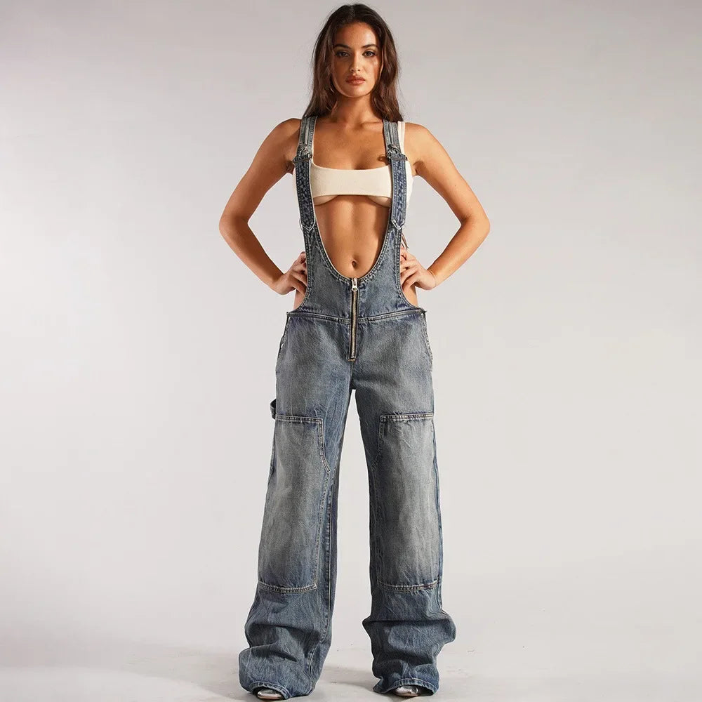 Jumpsuits Women Jeans Overalls Sexy Backless Vintage Full Length Denim Straight Pants Loose Pockets Distressed Washed Casual Aviola