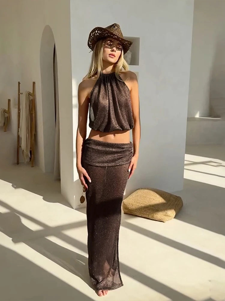 Nibber Vacation Sexy Women 2 Piece Set Elegant Y2K Backless Halter Folds Tank Tops+Long Skirts Summer Beach Party Clubwear Aviola