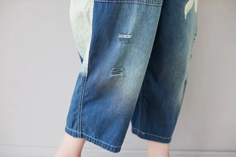 Ankle Length Denim Overalls Women Jeans Spliced Wide Leg Pants Streetwear Washed Jean Loose Fit Pockets 2024 Print Summer Aviola