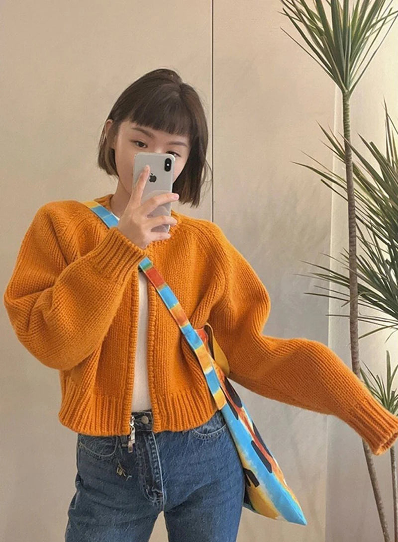 MEXZT Solid Knitted Cardigan Women Sweet Zipper Cropped Sweaters Korean Vintage Casual Knitwear Coat Loose Short Jumpers Jackets Aviola