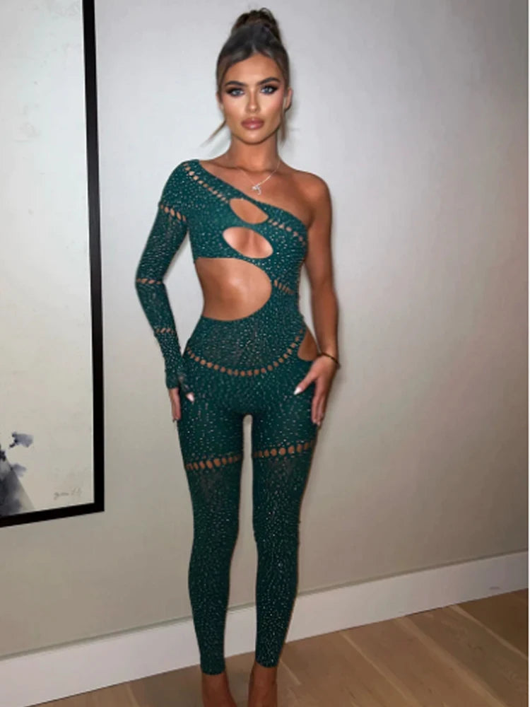 Nibber Sexy Jumpsuits Women Shine Rhinestones Irregular Hollow Skew Collar Single Sleeve Hottie Coquettish Clubwear Overalls Aviola