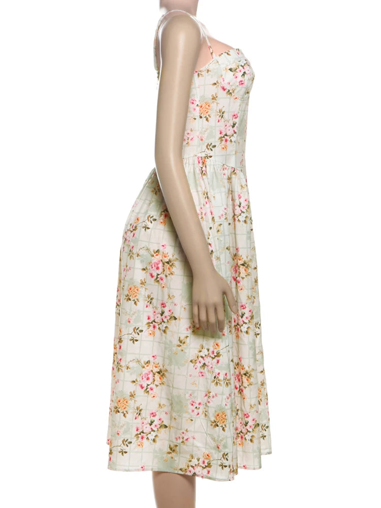 Nibber Backless Flower Print Dress Women Summer Trend Square Collar Sleeveless Sweet Style Vacation Beach Party Long Bodycon Aviola