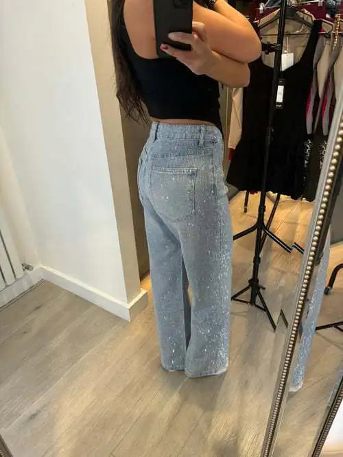 Denim Pant Women Mom Jeans Long Pants Hot Drilling Slim Fit High Waist Straight Trousers Y2k Streetwear Splice Club Party 2025 Aviola