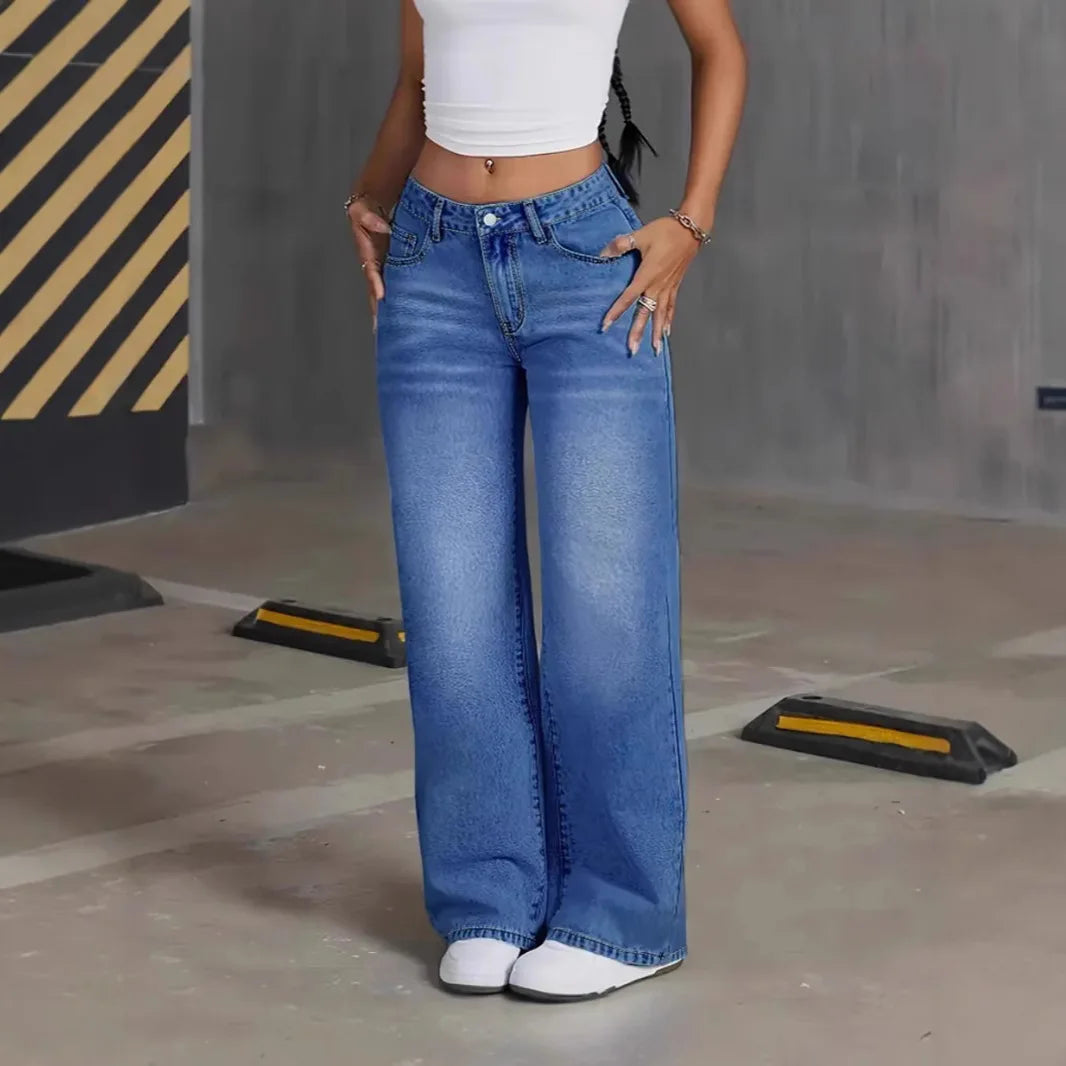 Denim Pant Women Mom Jeans Wide Leg Long Pants High Waist Straight Trousers Y2k Streetwear Elegant Splice Club Punk Casual Aviola