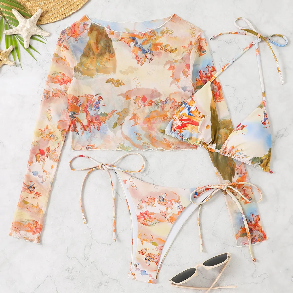2025 New Sexy Bikini Three-piece Set Women Thong Print Swimsuit Low Waist Summer Mesh Blouse Swimming Pool Bikini Set Brazil Set Aviola