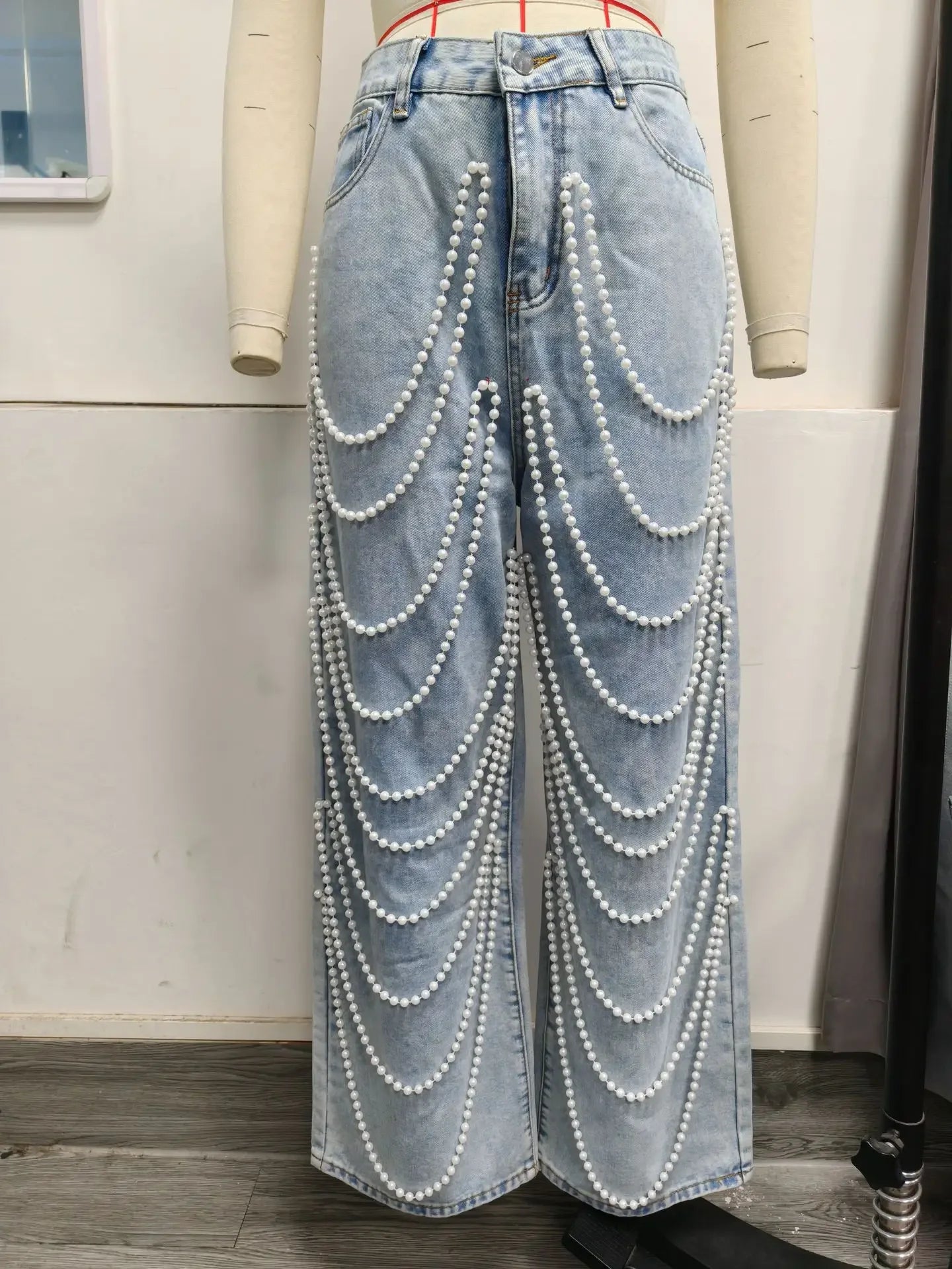 Straight Pants Women Jeans High Waist Beading Washed Distressed Vintage Mom Pockets Button 2025 Streetwear Y2k Denim Trousers Aviola