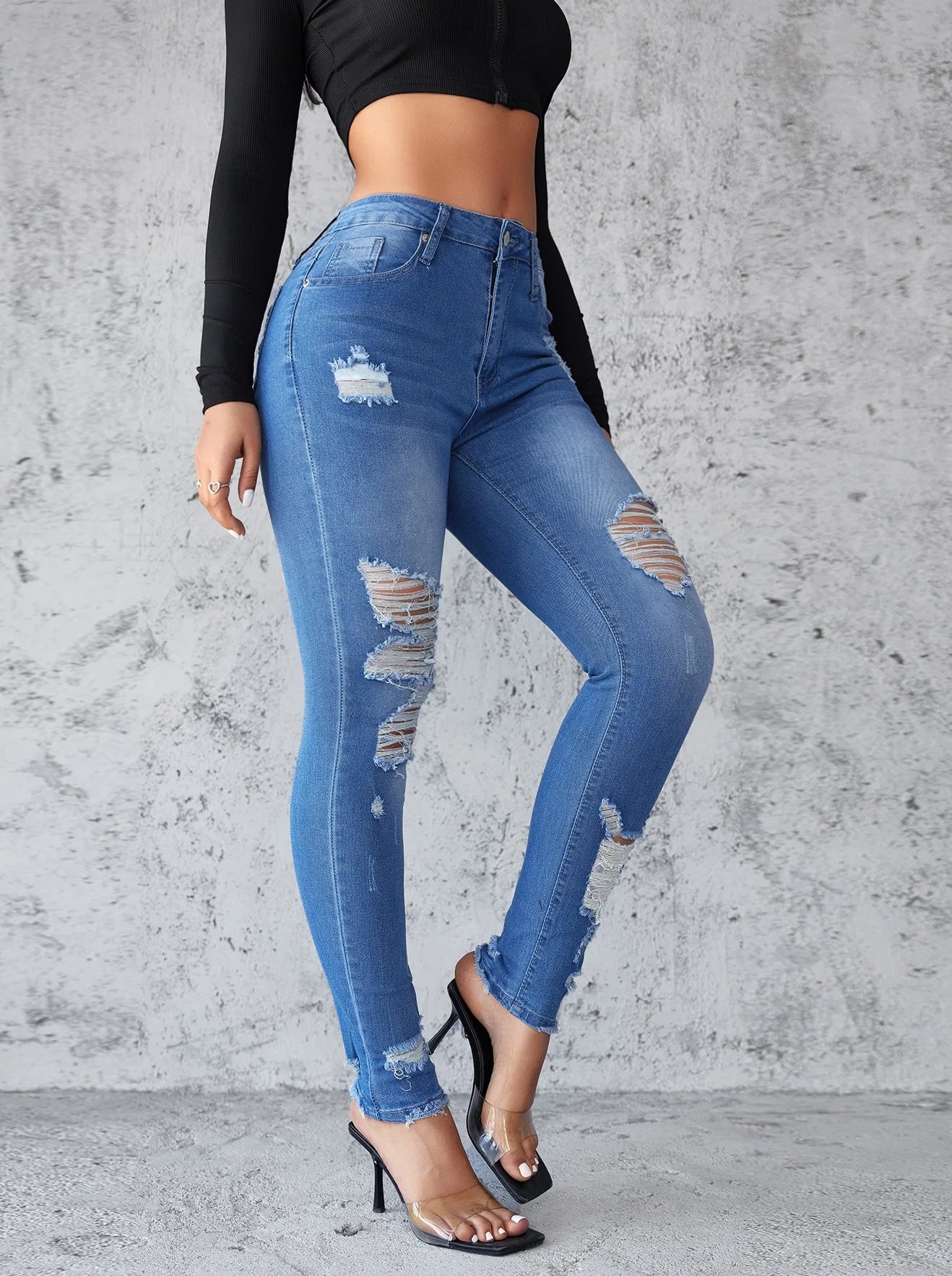 Ankle Length Ripped Hole High Waist Jean Sheath Pencil Denim Pants Skinny Solid Pockets Streetwear Distressed Vintage Slim Aviola