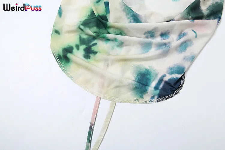nibber Backless Halter 2Peice Set Woman Print Summer Swinging-Collar Bandage Tank Tops+Mesh Ruffles Tie-Dye Skirt Matching Suit Aviola