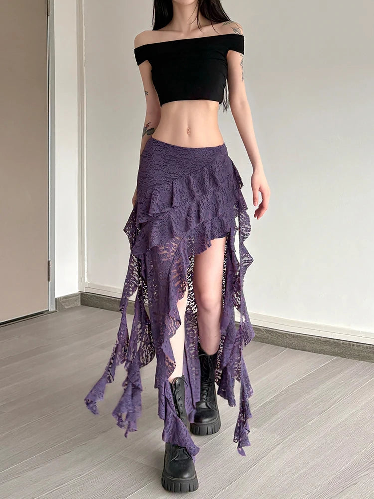 Nibber Tassels Women Skirts Irregular Hem Multi-Layered Ruffles Lace Patchwork Sweet Summer Trend Daily Skinny Versatile Bottoms Aviola