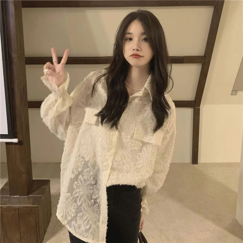 MEXZT Lace Blouses Women Sexy See Through Tassel Loose Sunscreen Shirts Summer Korean Sweet Elegant Casual Sun Protection Tops Aviola