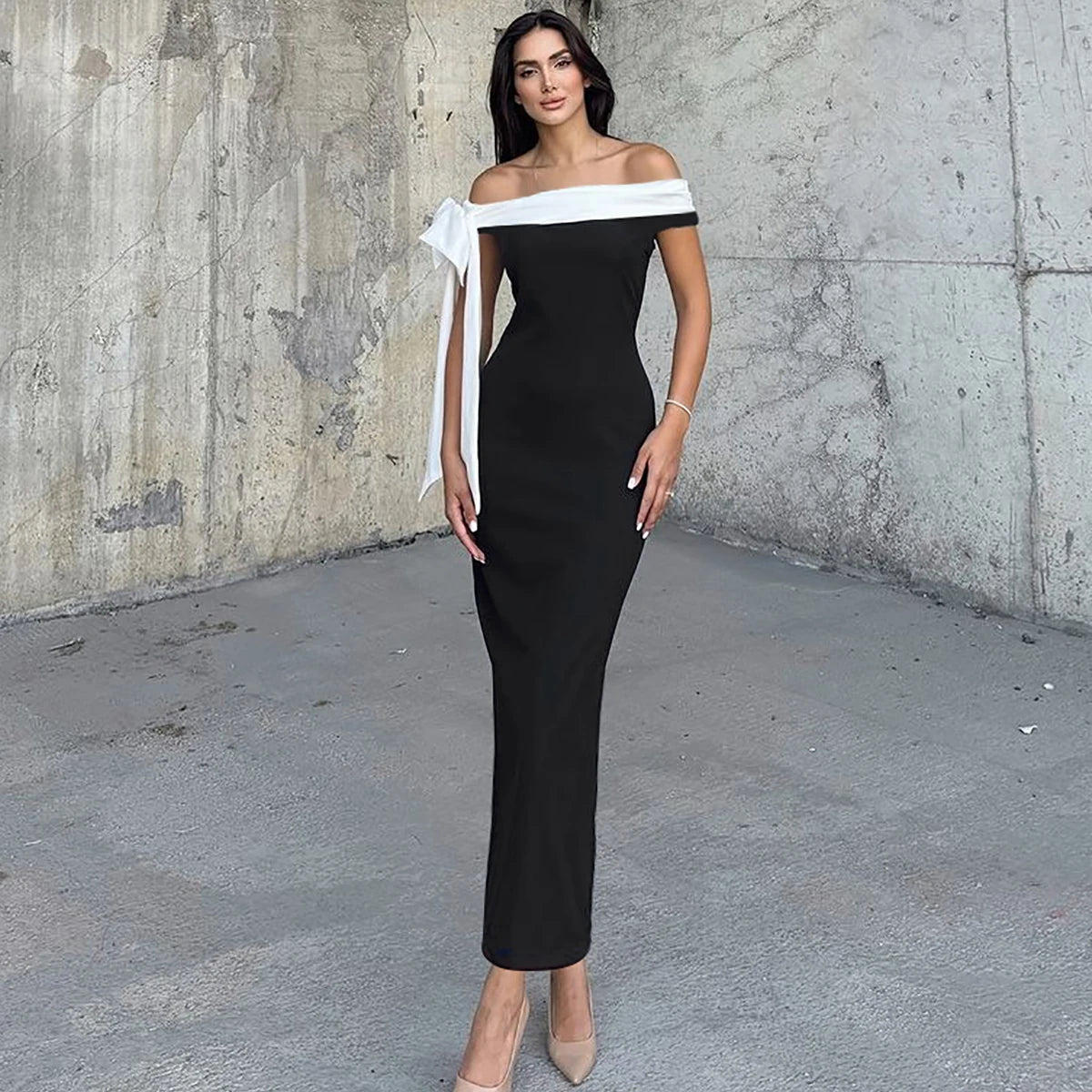 Nibber Black White Patchwork Woman Dress Elegant Bow One Shoulder Sleeveless Frenulum Temperament Skinny Noble Gown Vestidos Aviola