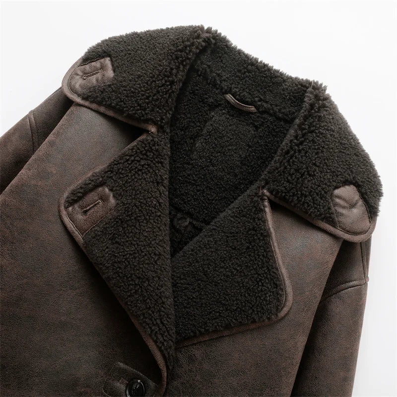 RARF 2025 Women's new thick jacket Vintage lapel leather jacket single breasted pocket street warm jacket Aviola
