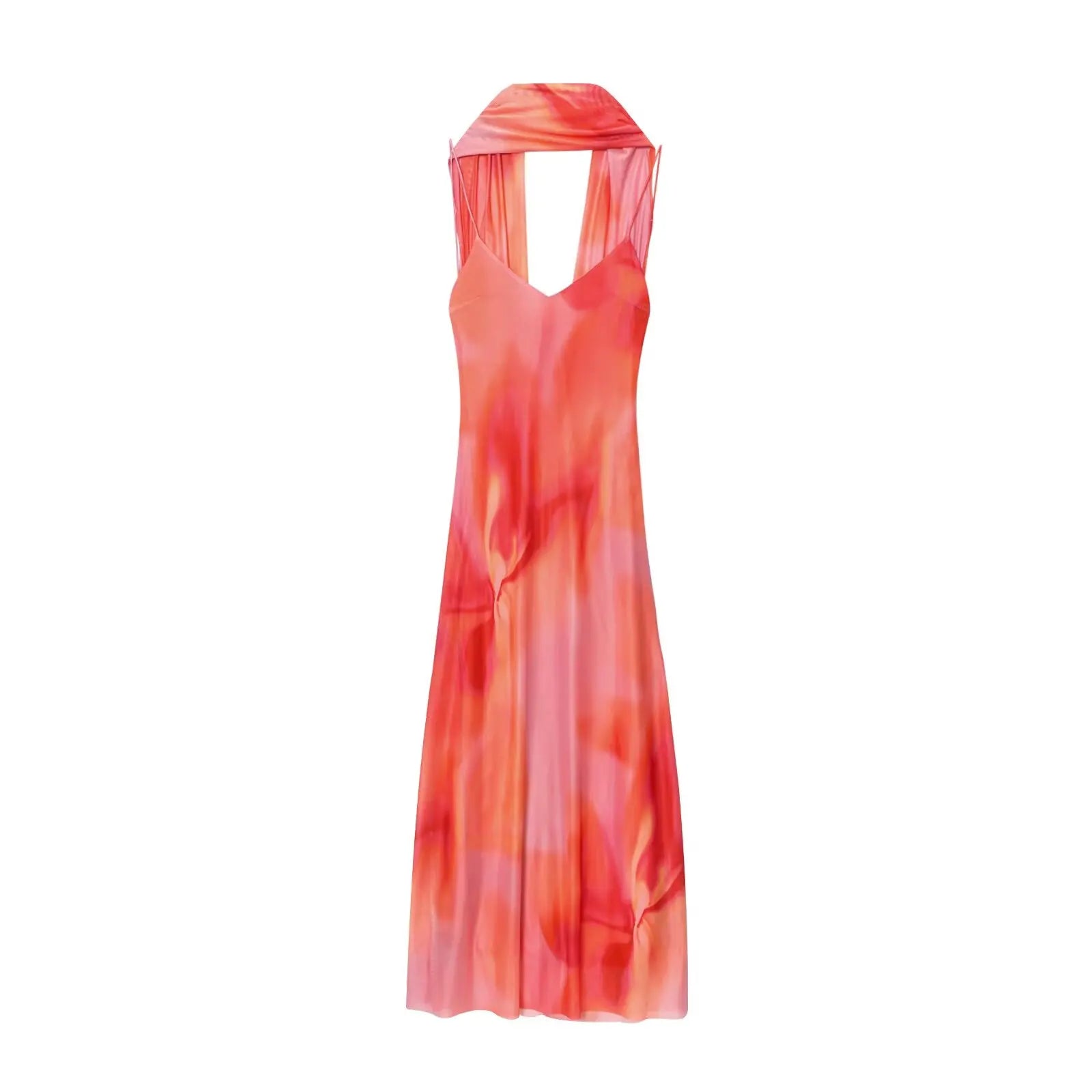 UNIZERA Scarf Printed Backless Long Dress 2025 Summer New Arrivals Women's Wear Elegant Satin Textured Dress Aviola